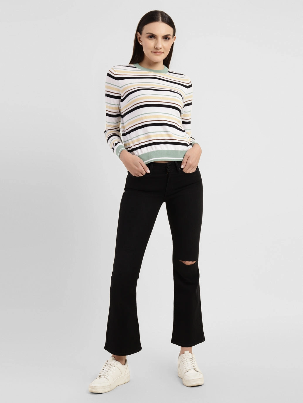 Women's 715 Black Flared Fit Mid Rise Jeans Flexible Waistband Construction