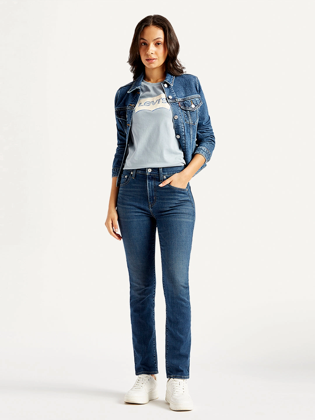 Women's 724 Blue Straight Fit High Rise Jeans Versatile Outfit Comfort Fit Design