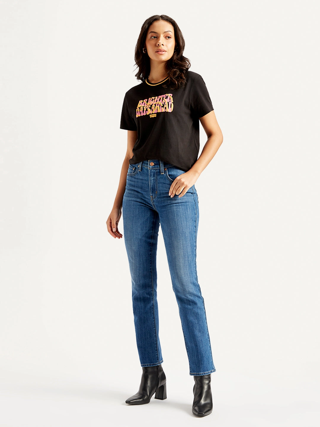 Garment Dyed Texture Flat Lock Stitching Women's 724 Blue Straight Fit High Rise Jeans