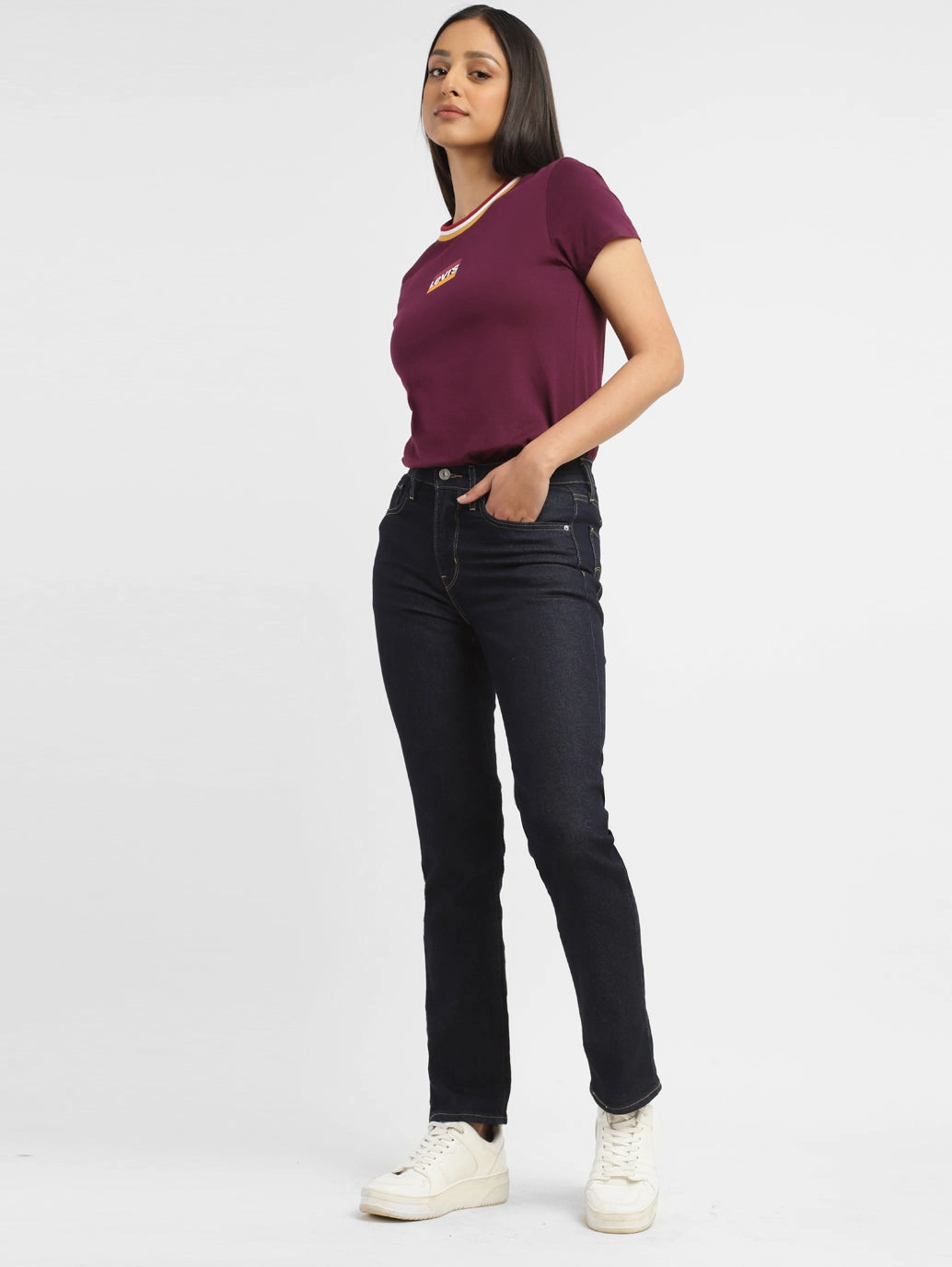 Relaxed Waist Women's 724 Navy Blue Straight Fit High Rise Jeans