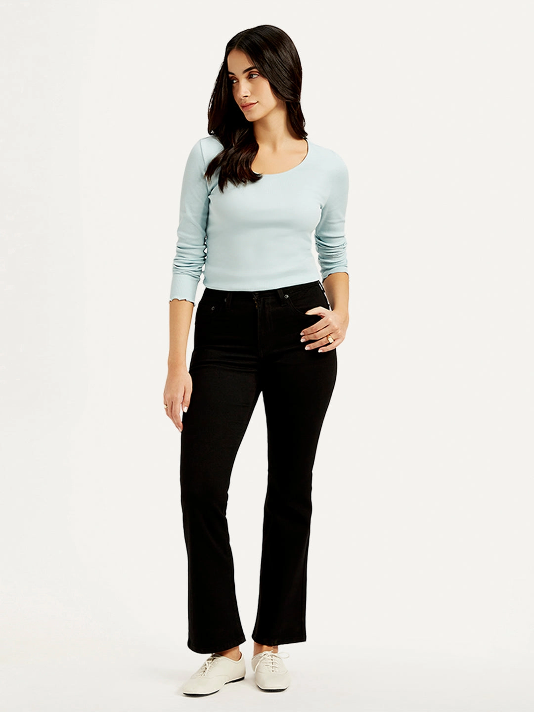 Women's 725 Black Flared Fit High Rise Jeans Winter Warmth Professional Wear Plain Comfort