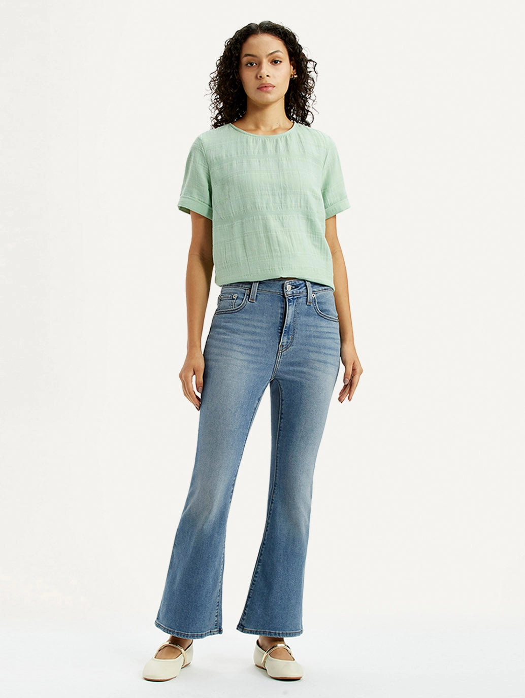 Women's 726 Blue Slim Flare Fit High Rise Jeans Pre Washed Denim Moisture Wicking Technology