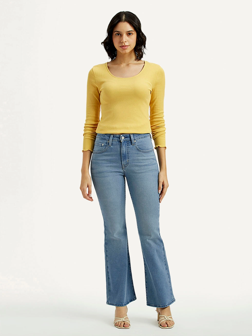 Women's 726 Med Indigo Flared Fit High Rise Jeans Travel Outfit Music Event