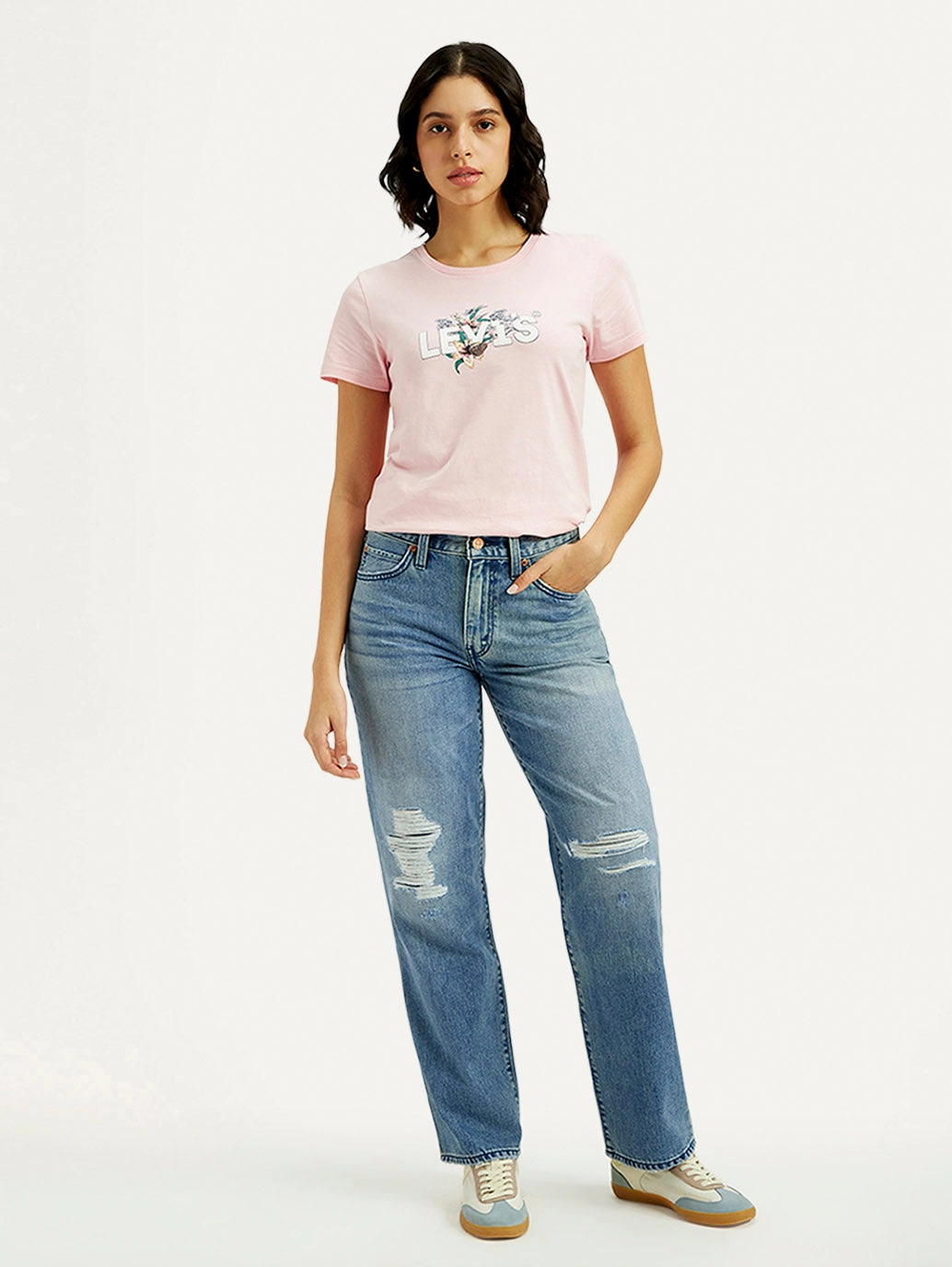 Versatile Waist Design Women's 94 Med Indigo Baggy Fit Mid Rise Jeans