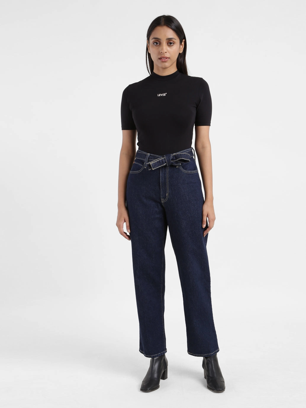 Pre Shrunk Fabric Women's 94 Navy Blue Baggy Fit Mid Rise Jeans