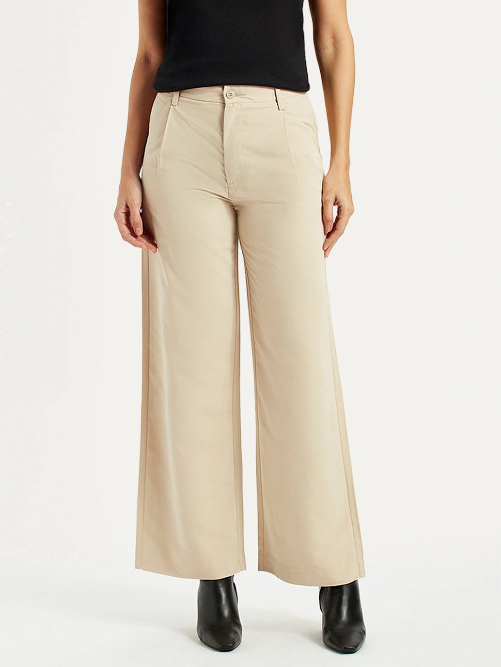 Women's Beige Wide Leg Fit High Rise Trousers Full Flex