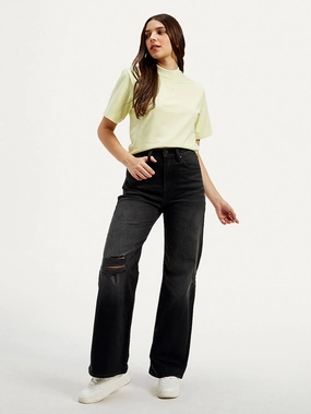 Durable piece Neutral Smooth Women's Black Ribcage Bell Bottom Wide Leg Fit High Rise Jeans