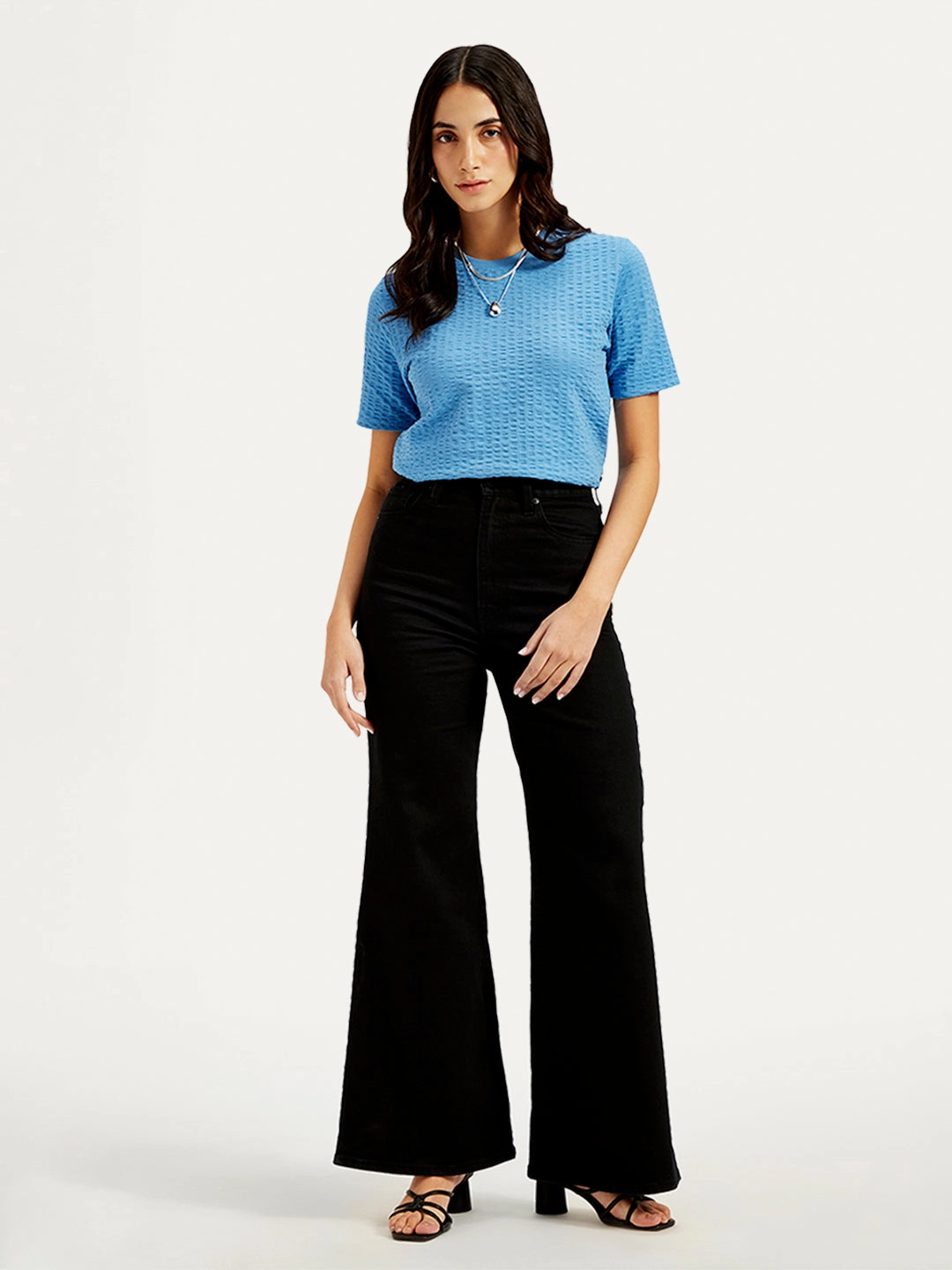 Women's Black Ribcage Bell Bottom Wide Leg Fit High Rise Jeans Minimal Fashion Modern Spring Mood