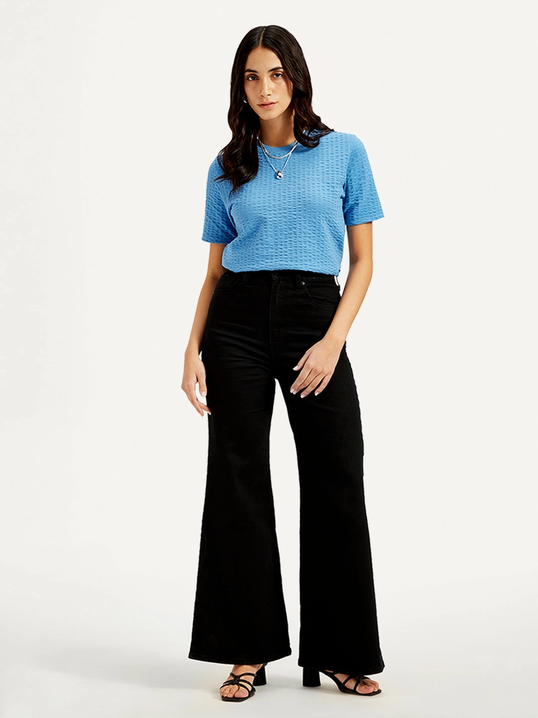 Women's Black Ribcage Bell Bottom Wide Leg Fit High Rise Jeans Clean Shape