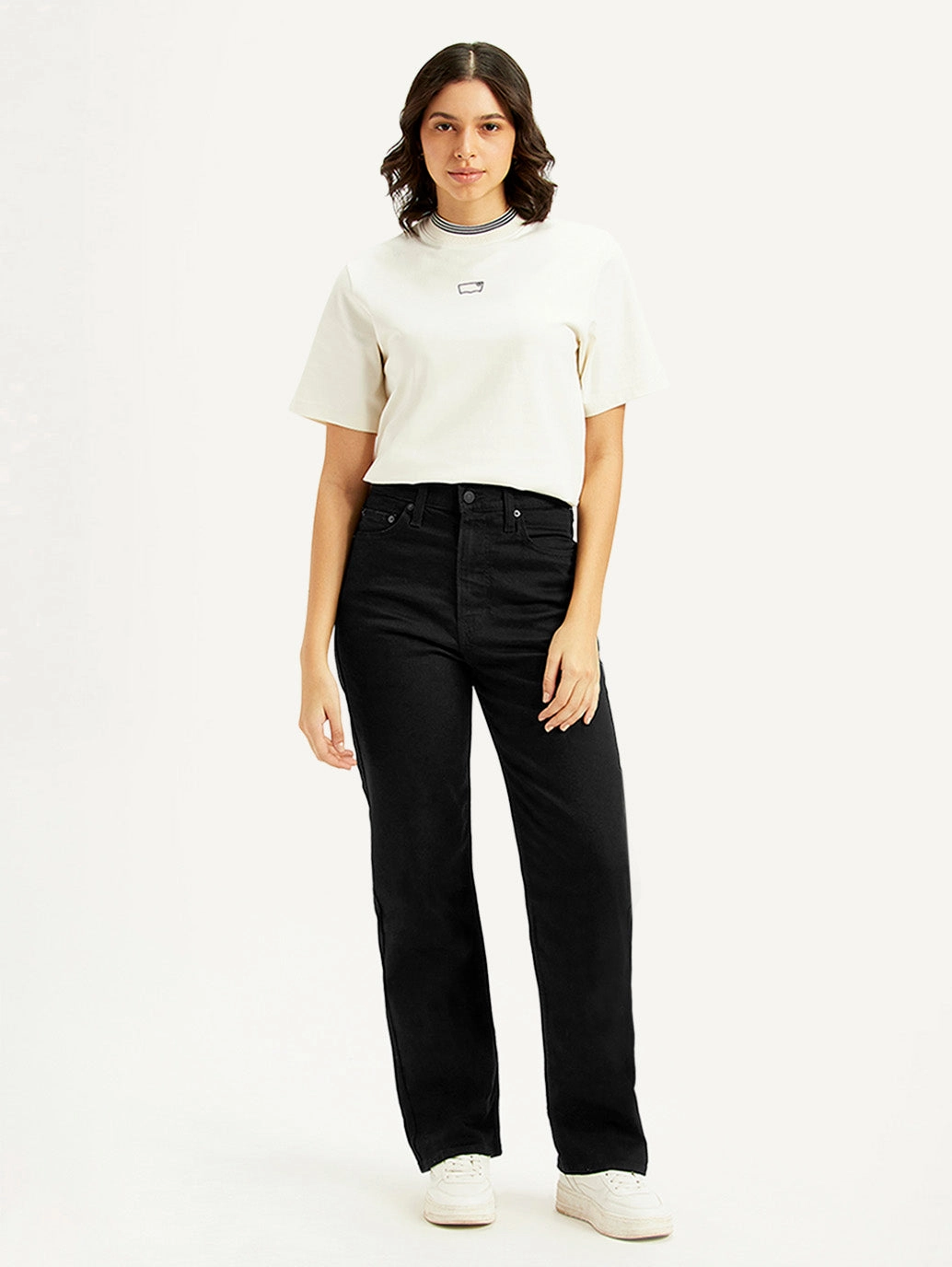 Women's Black Ribcage Straight Fit High Rise Jeans Student Outfit Work Ready