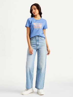 Women's Blue Loose Fit High Rise Jeans Active Ready Classic Fit Design