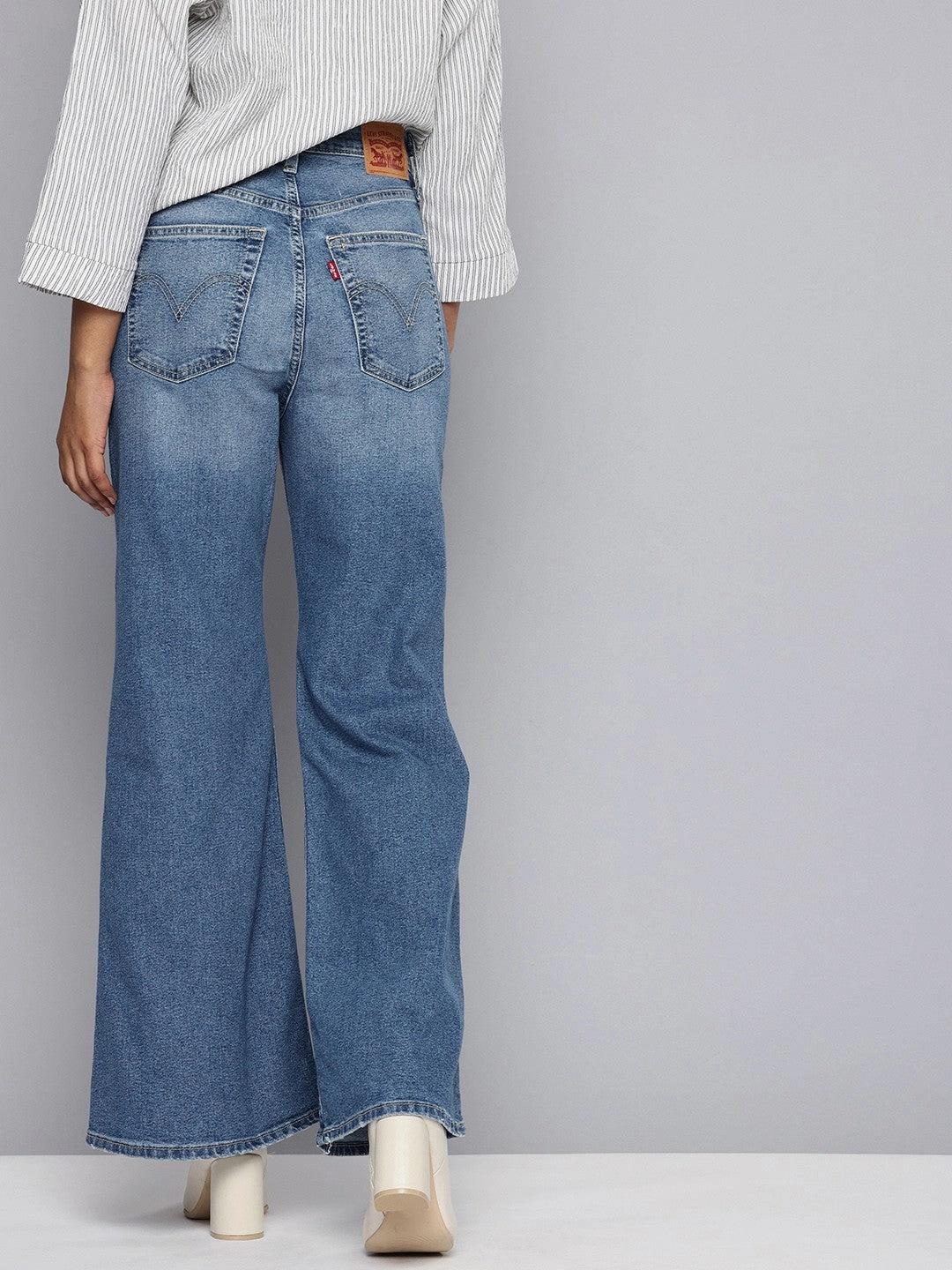 Women's Blue Ribcage Bell Bottom Wide Leg Fit High Rise Jeans Tailored Silhouette Office Wear Modern