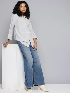 Women's Blue Ribcage Bell Bottom Wide Leg Fit High Rise Jeans Simple Attire Natural Fit