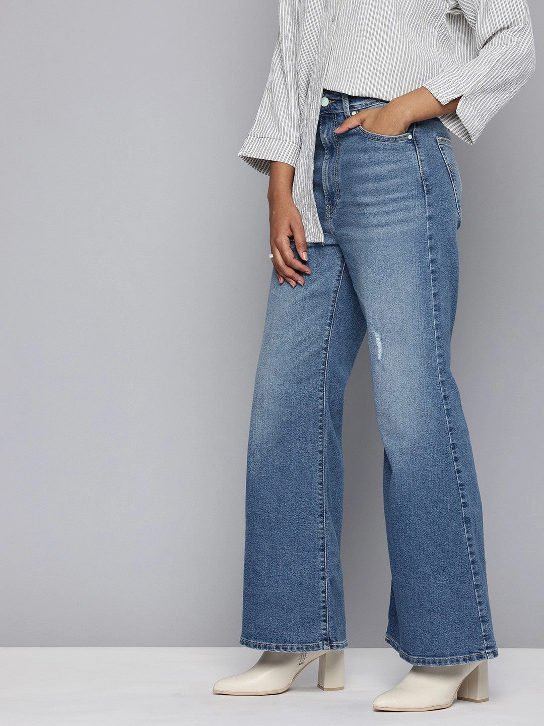 Chill Style Nature Lover Outdoor Adventure Autumn Days Women's Blue Ribcage Bell Bottom Wide Leg Fit High Rise Jeans