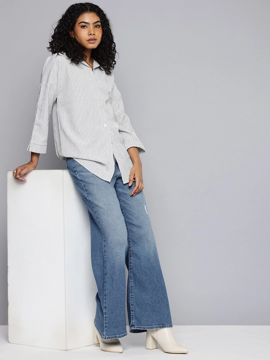 Women's Blue Ribcage Bell Bottom Wide Leg Fit High Rise Jeans Simple Attire Natural Fit