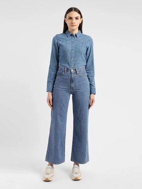 Women's Blue Ribcage Bell Bottom Wide Leg Fit High Rise Jeans Night Out Parent Style