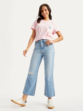 Barrel Leg Construction Fashion Lover Durable Minimalist Style Women's Blue Ribcage Cropped Bootcut Fit High Rise Jeans