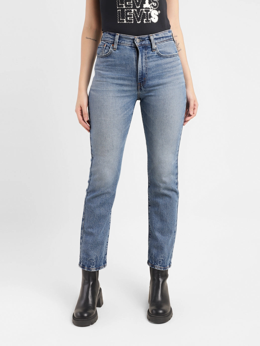 Weekend Ready Women's Blue Ribcage Straight Ankle Fit High Rise Jeans