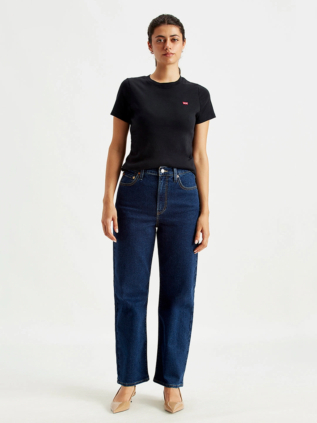 Women's Blue Ribcage Straight Ankle Fit High Rise Jeans Modern Youth Style Party Look