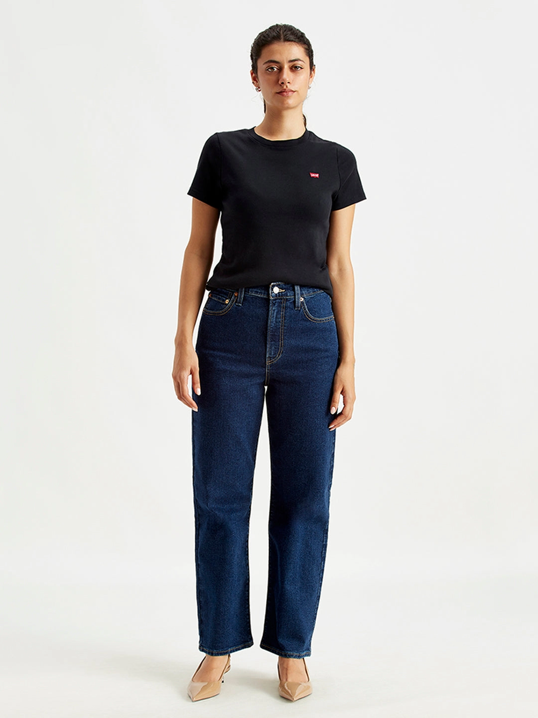 Women's Blue Ribcage Straight Ankle Fit High Rise Jeans Comfy Waist Fit