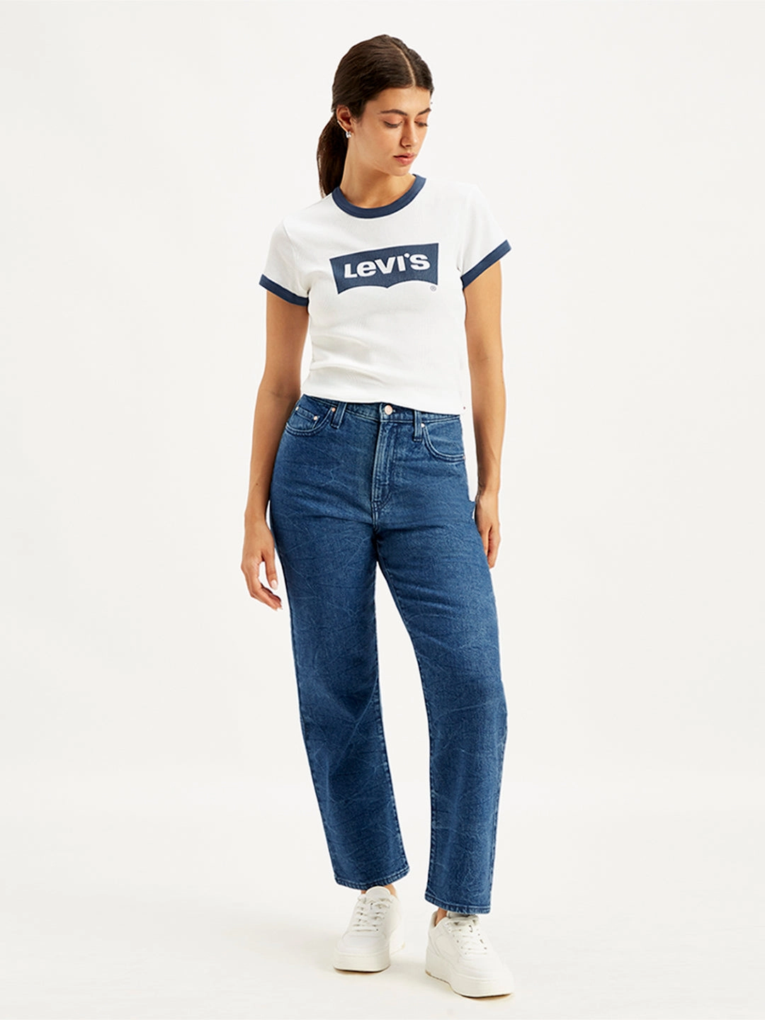 Women's Blue Ribcage Straight Ankle Fit High Rise Jeans Festival Outfit Comfy Elegant Party Look Winter Warmth