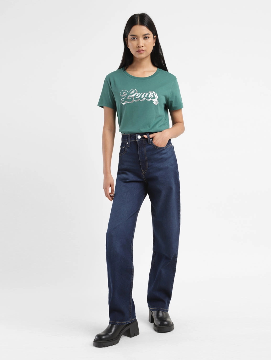 Women's Blue Ribcage Straight Fit High Rise Jeans Earthy Rainy Day City Walk Comfort waistband