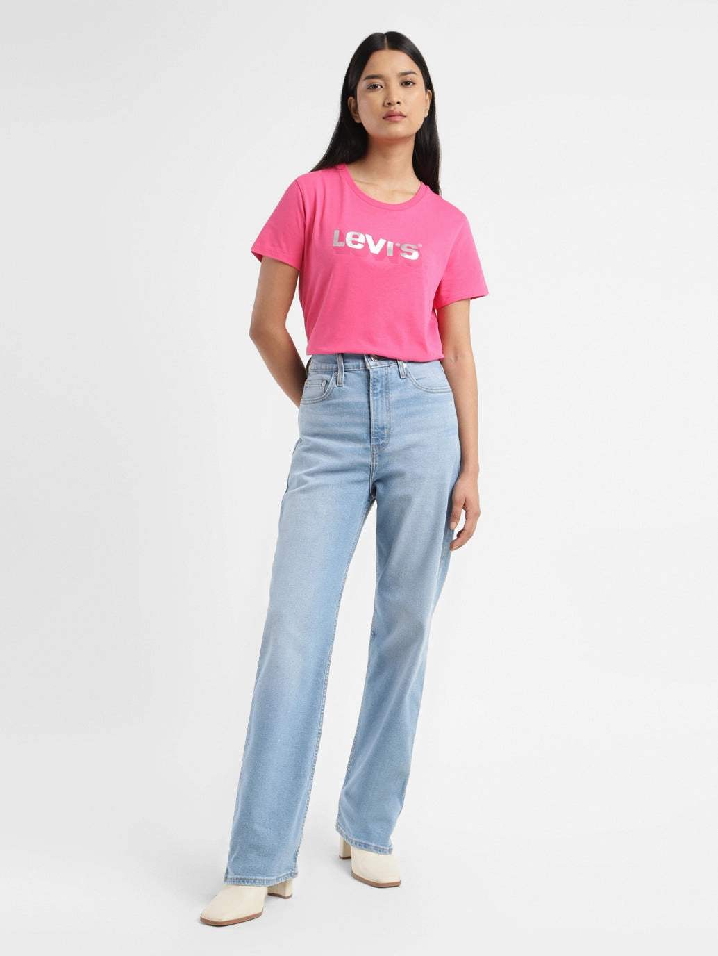 Women's Blue Ribcage Straight Fit High Rise Jeans Everyday Loose