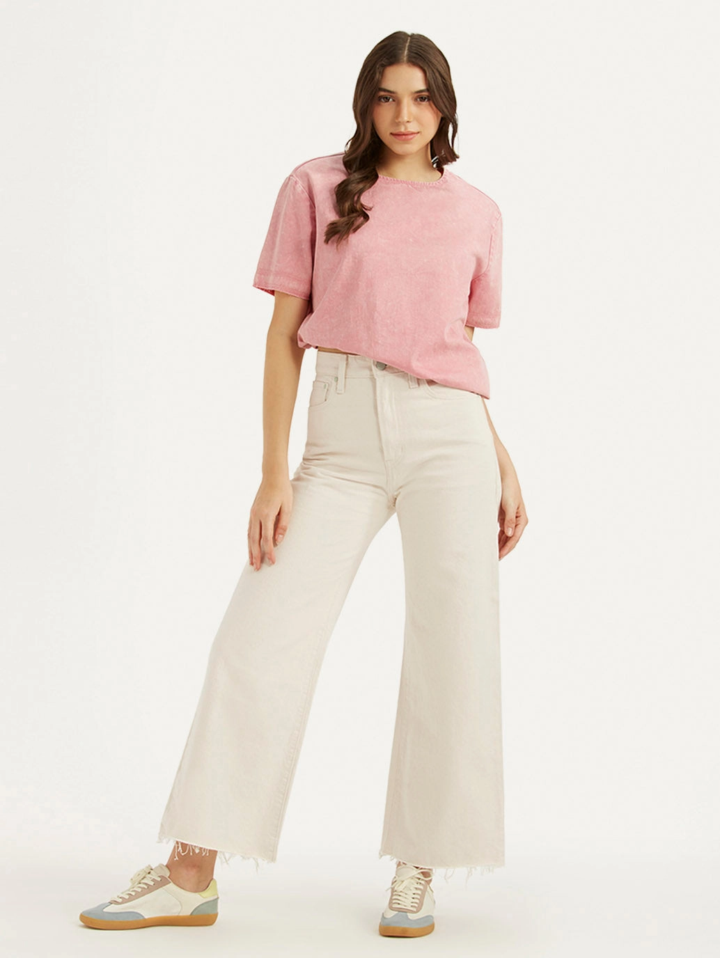 Neutral Casual Streetwear Fan Softened Denim Material Women's Cream Ribcage Bell Bottom Wide Leg Fit High Rise Jeans