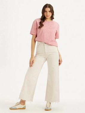 Neutral Casual Streetwear Fan Softened Denim Material Women's Cream Ribcage Bell Bottom Wide Leg Fit High Rise Jeans