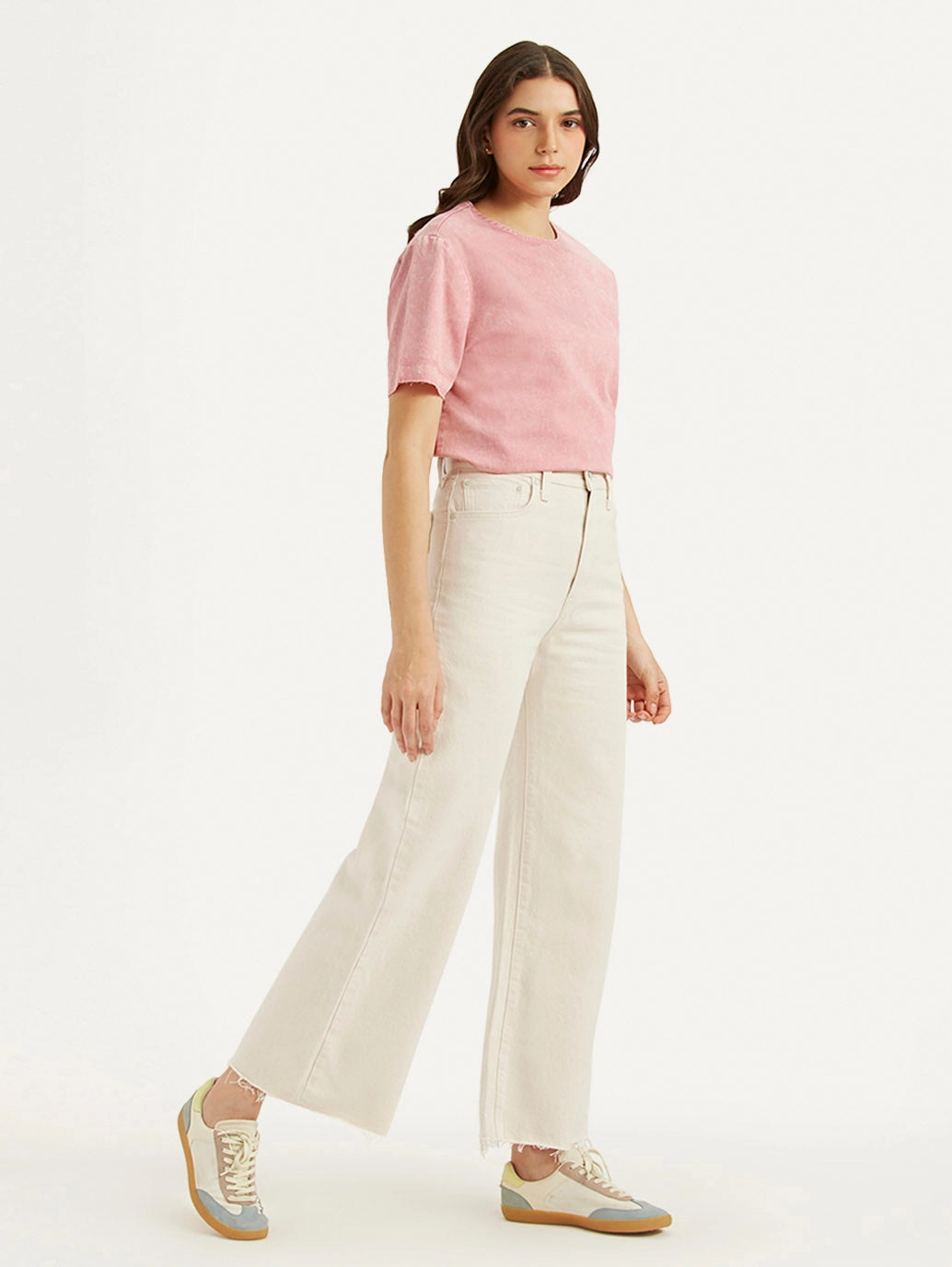 Women's Cream Ribcage Bell Bottom Wide Leg Fit High Rise Jeans Perfect Waist