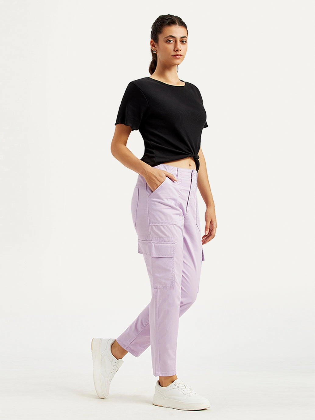 Women's High Rise Lilac Cargo Trousers Wrinkle Free Fabric