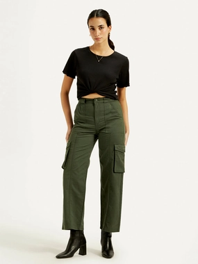 Bold Waistband Women's High Rise Olive?Wide Leg Cargo Trousers