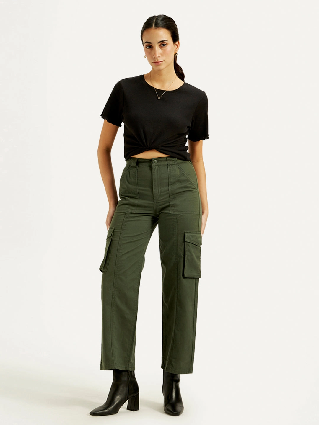 Women's High Rise Olive?Wide Leg Cargo Trousers Elastic waist