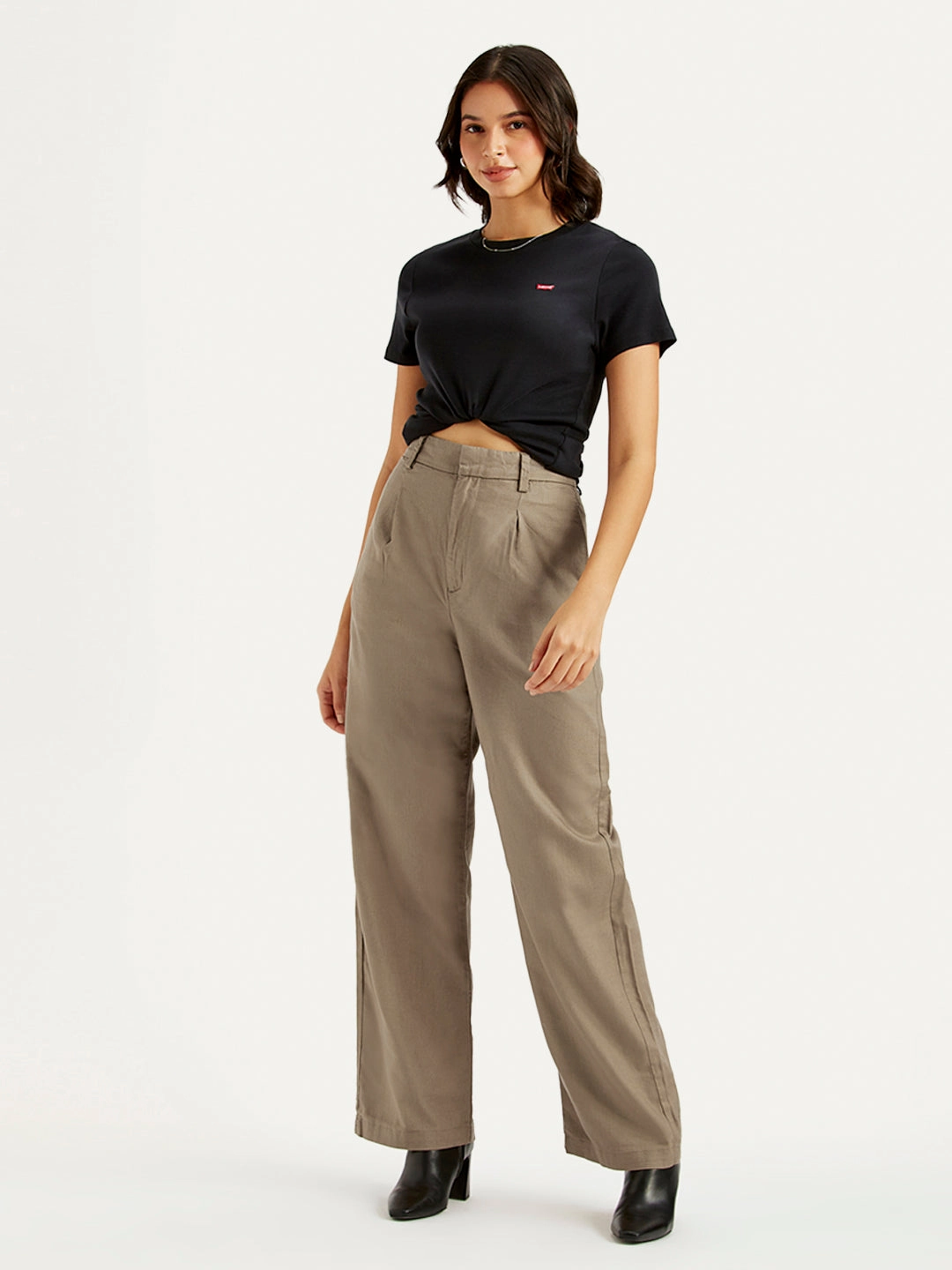 Women's High Rise Taupe Loose Fit Trousers Casual Vibes Neutral Style