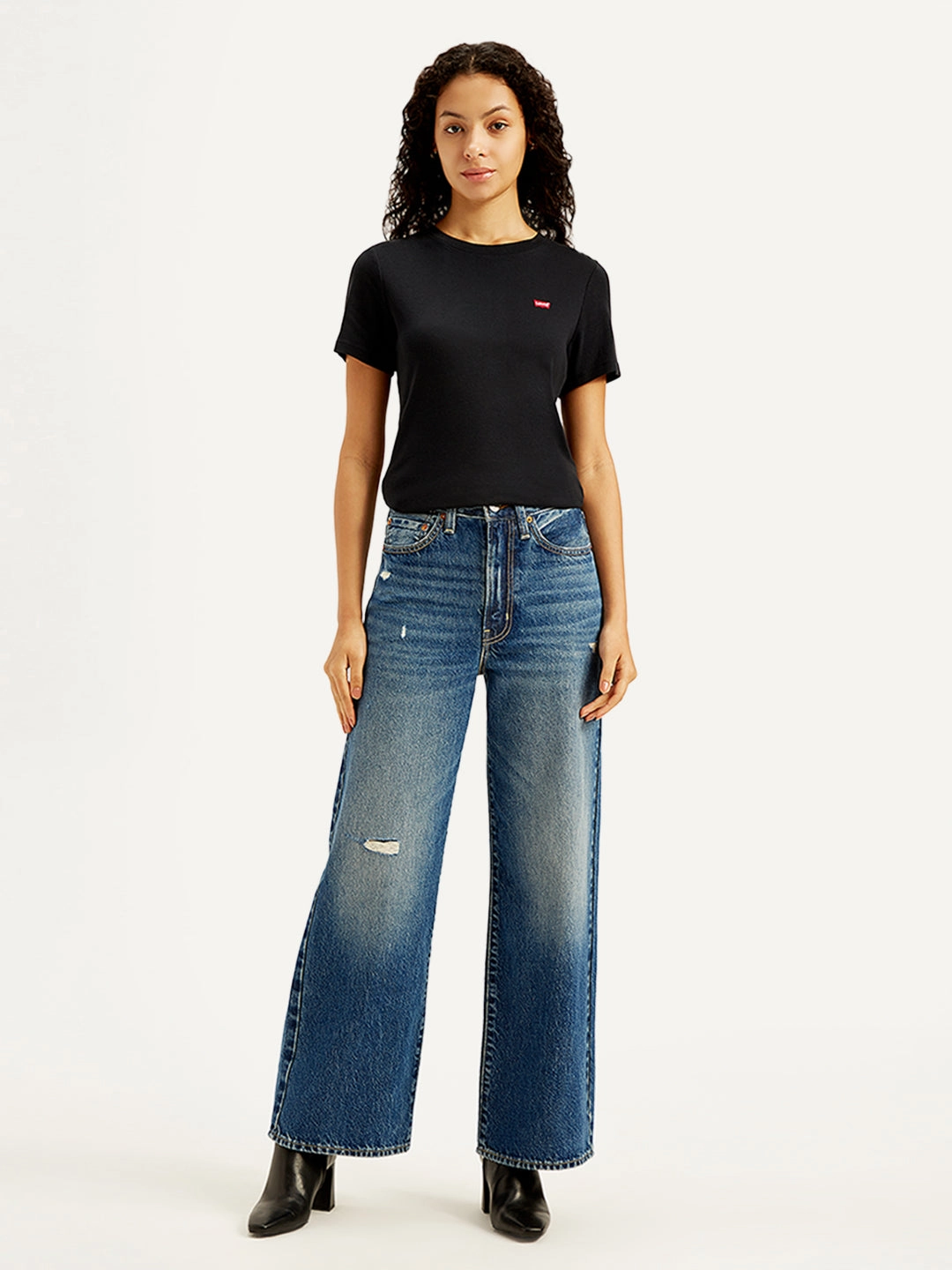 Barrel Leg Construction Office Wear Chill Outfit Date Night Women's Indigo Ribcage Bell Bottom Wide Leg Fit High Rise Jeans