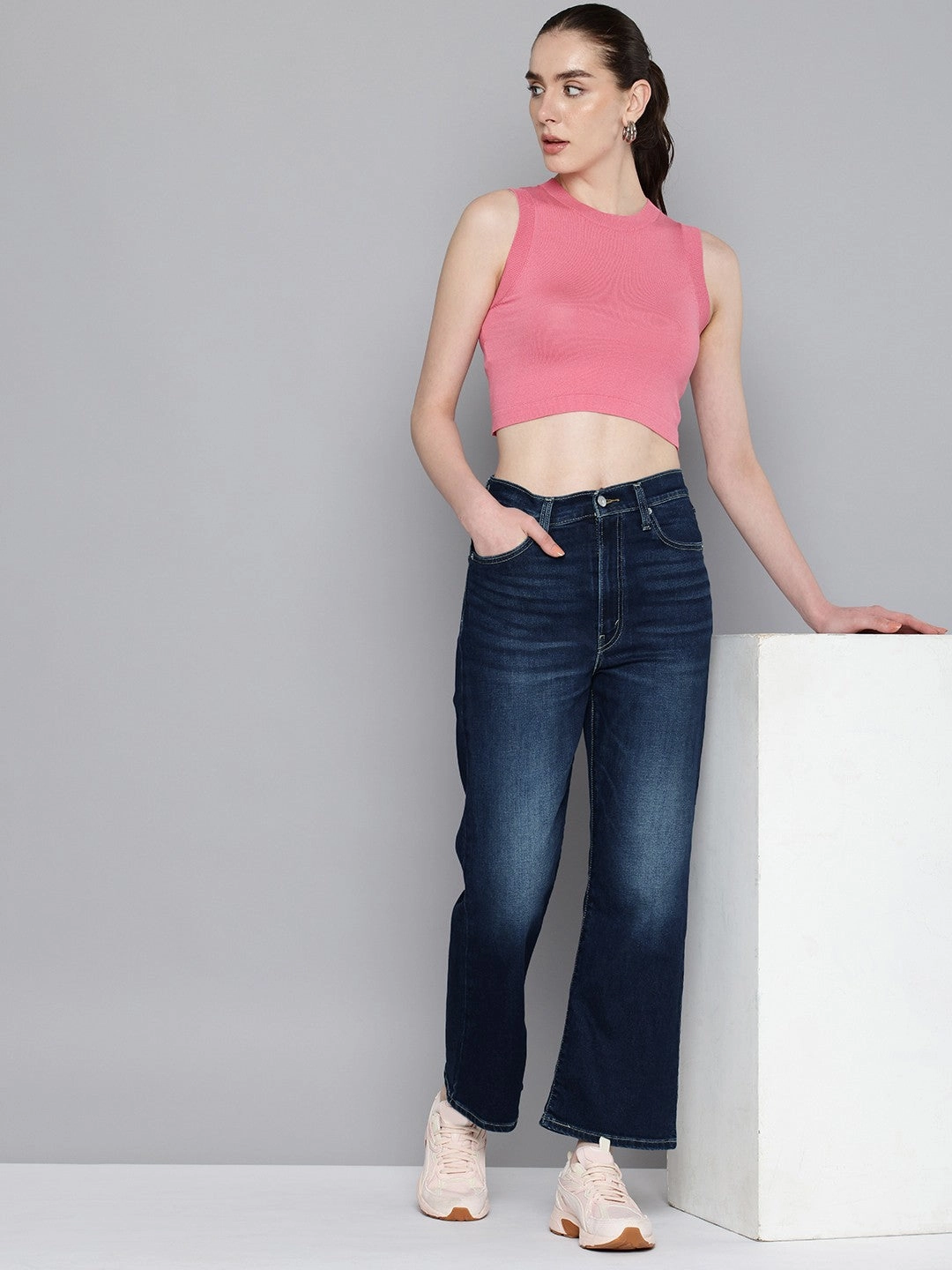 Women's Indigo Ribcage Cropped Bootcut Fit High Rise Jeans Spring Mood Trendy Casual Elegance