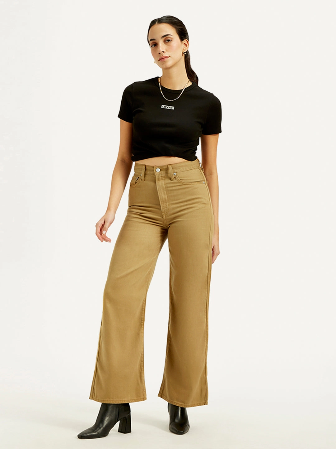 Light Fabric Layered Look Women's Khaki Ribcage Bell Bottom Wide Leg Fit High Rise Jeans