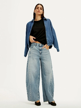 Women's Light Blue Baggy Dad Barrel Loose Fit Mid Rise Jeans Fresh casual Color Lock Technology