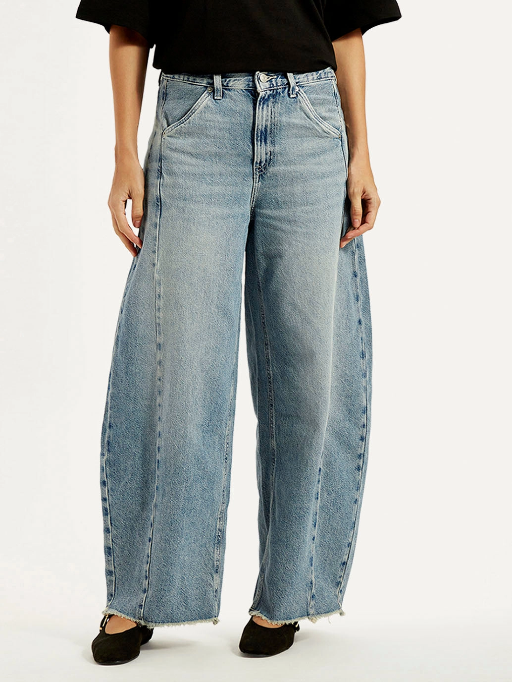 Quick Wash Basic Piece Women's Light Blue Baggy Dad Barrel Loose Fit Mid Rise Jeans