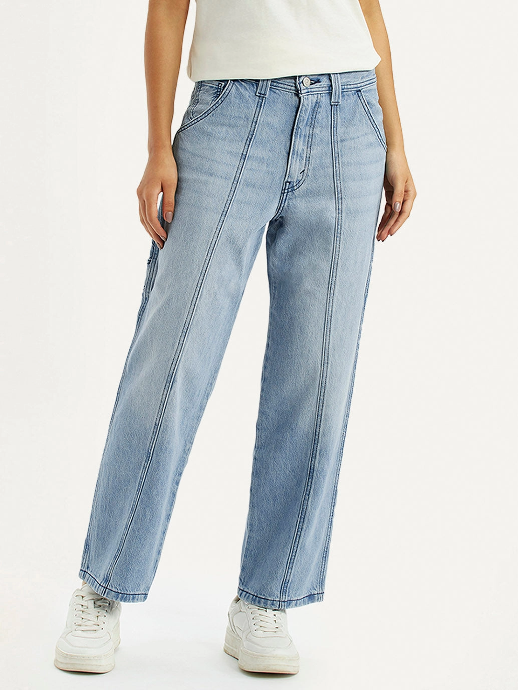 Women's Light Blue Baggy Loose Fit Carpenter Mid Rise Jeans Cool Weather