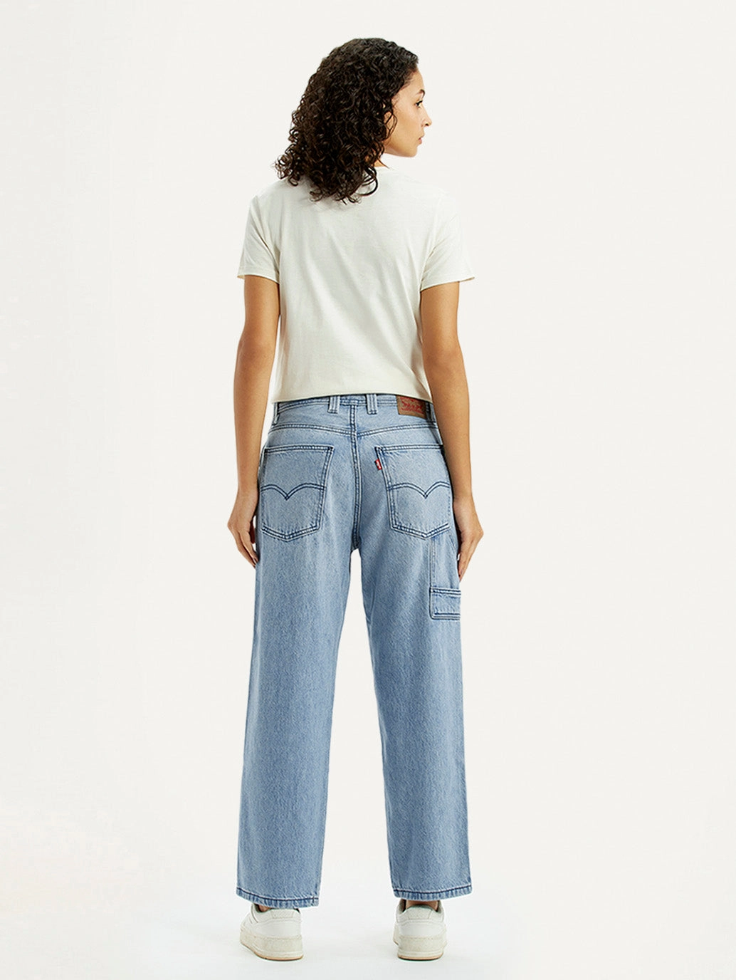 Women's Light Blue Baggy Loose Fit Carpenter Mid Rise Jeans Sanded Seam Comfort Weekend Vibes