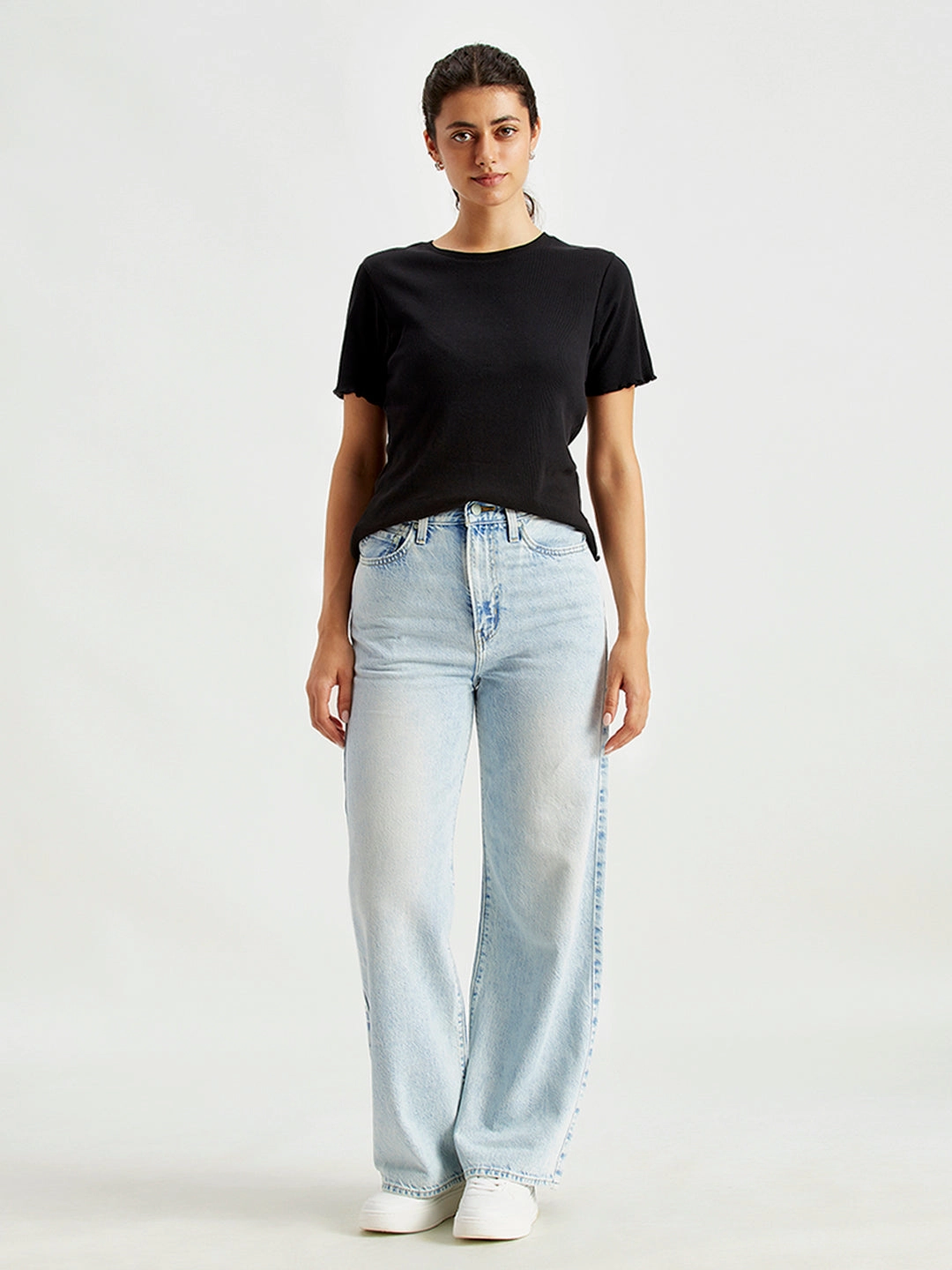 Weekend Style Rainy Day Versatile Waist Design Women's Light Blue Ribcage Bell Bottom Wide Leg Fit High Rise Jeans