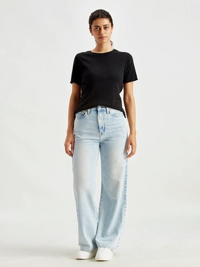 Women's Light Blue Ribcage Bell Bottom Wide Leg Fit High Rise Jeans Nature Lover Outdoor Adventure Autumn Days Premium Denim