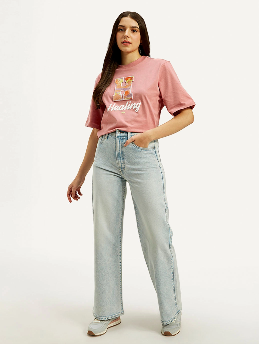 Women's Light Blue Ribcage Bell Bottom Wide Leg Fit High Rise Jeans Universal Look Movement Friendly