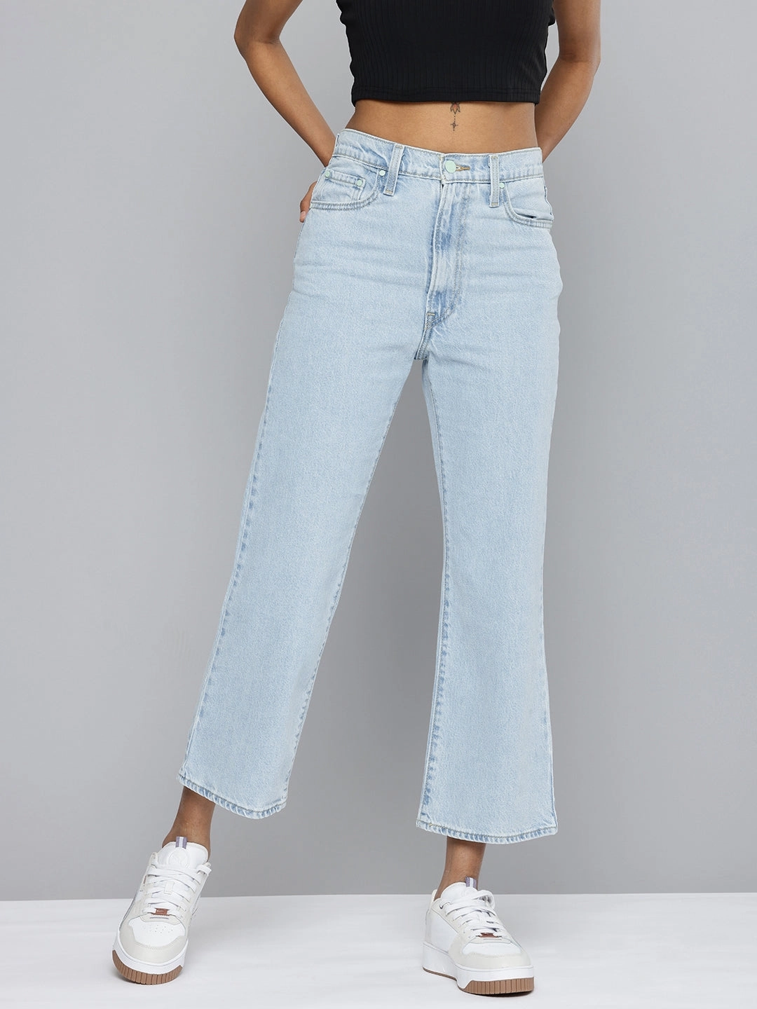Fashion Essential Women's Light Blue Ribcage Cropped Bootcut Fit High Rise Jeans