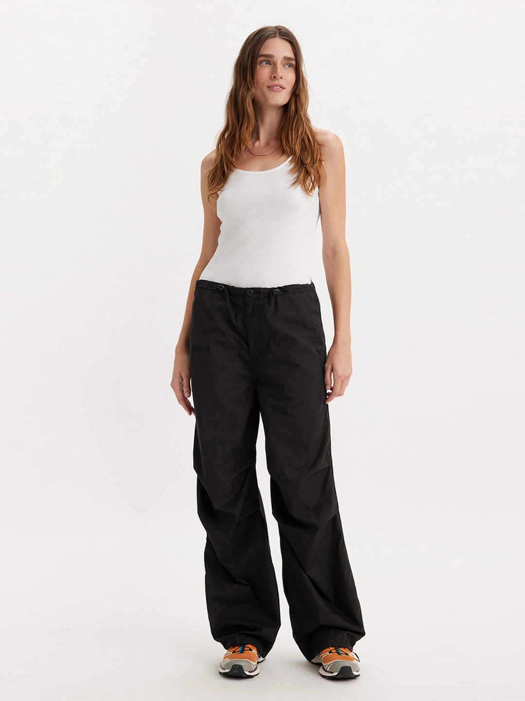 Women's Mid Rise Black?Baggy Fit Cargo Trousers Mesh Panel