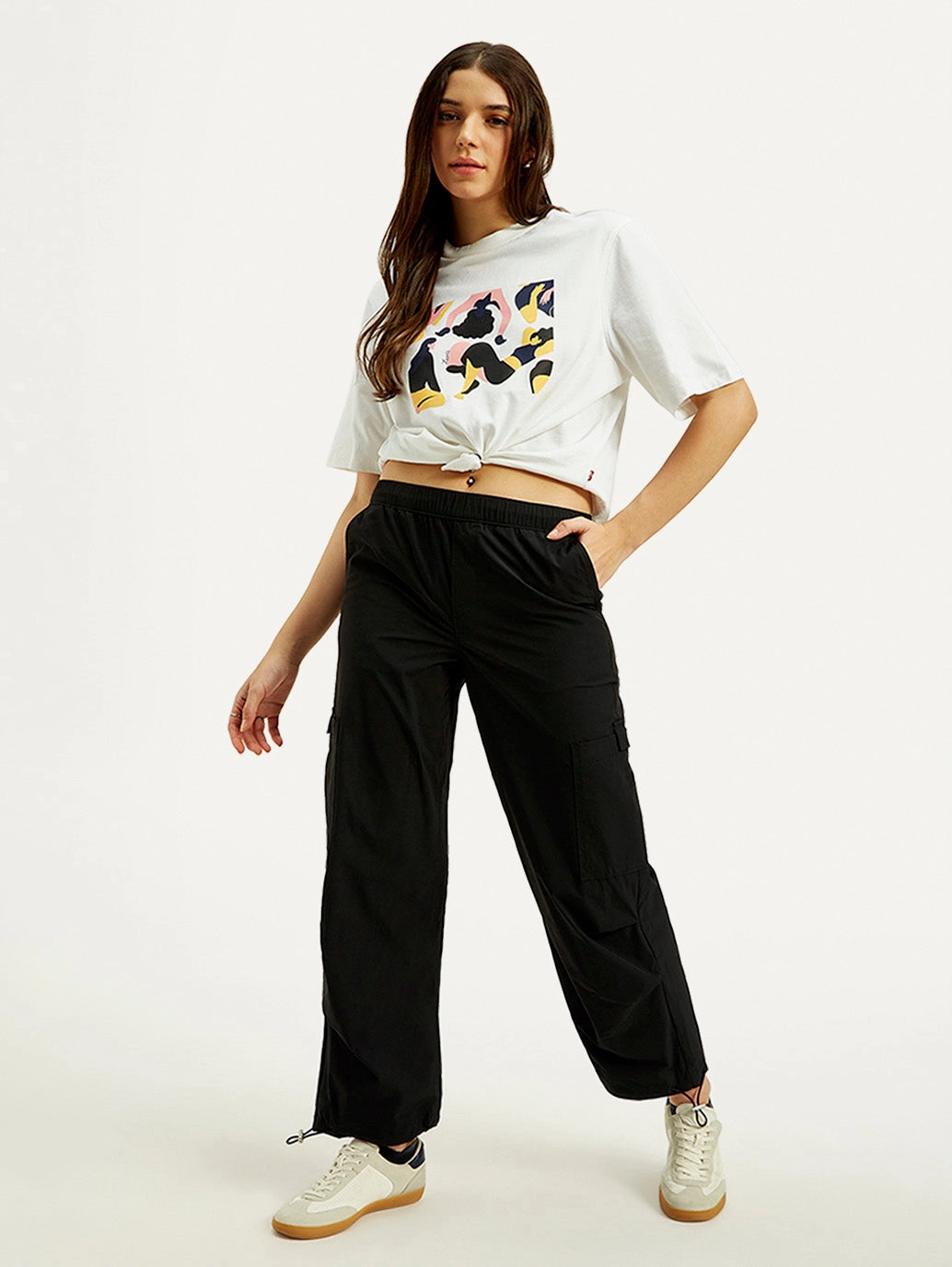 Women's Mid Rise Black?Loose Fit Cargo Trousers Sporty Stretch Fit