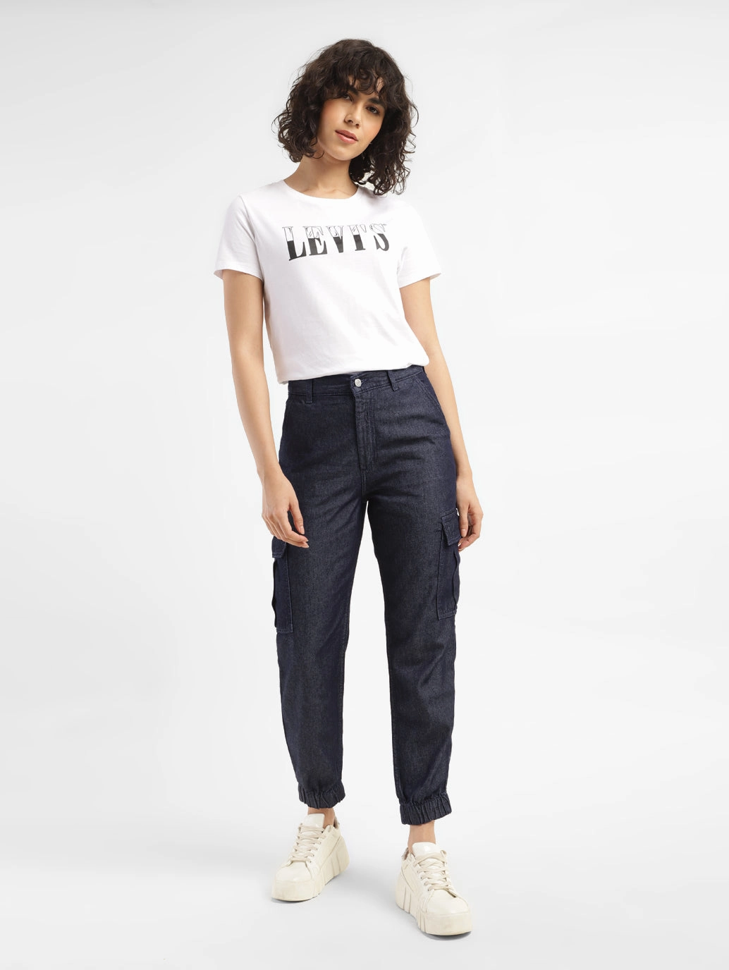 Women's Mid Rise Indigo Cargo Trousers Minimal Waist Breathable Comfort Design