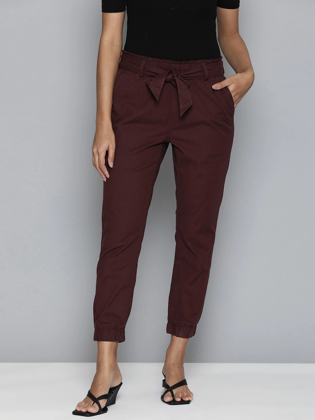 Women's Mid Rise Maroon?Baggy Fit Trousers Perfect Silhouette OrganicCottonBlend