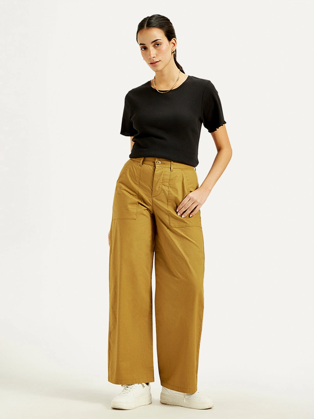 Women's Mid Rise Mustard Straight Fit Trousers simple design
